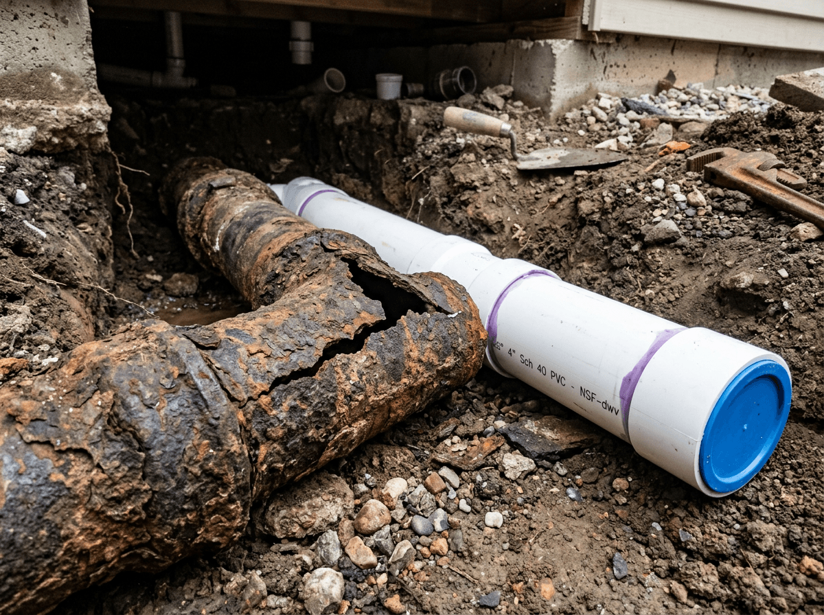Cracked, corroded cast iron drain pipe beside new PVC replacement pipe