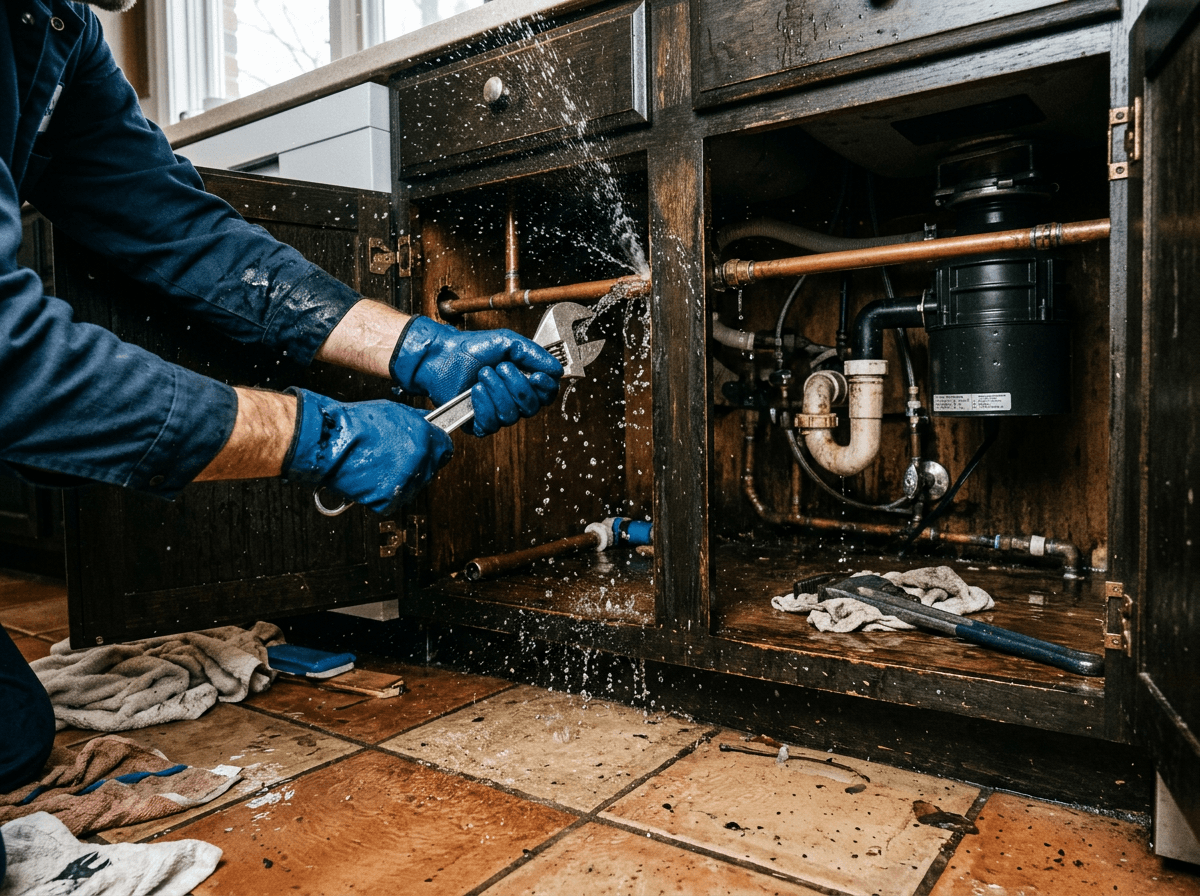 Burst pipe spraying water under a kitchen sink during an emergency plumbing repair
