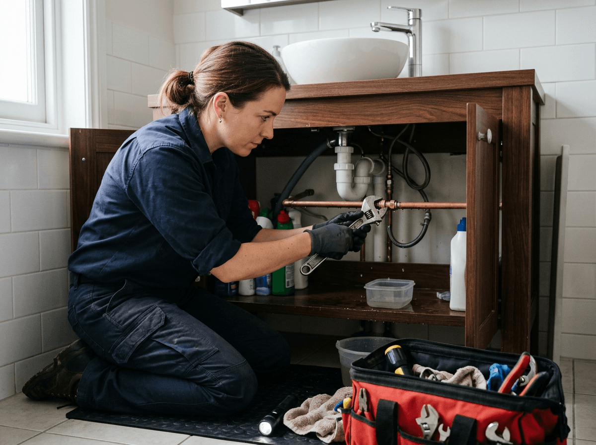 Plumber tightening a leaking pipe fitting under a bathroom vanity
