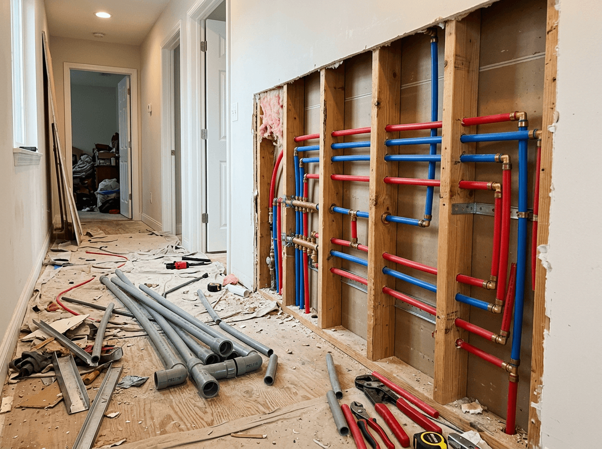 New PEX water lines run through open wall studs during a whole-house repipe