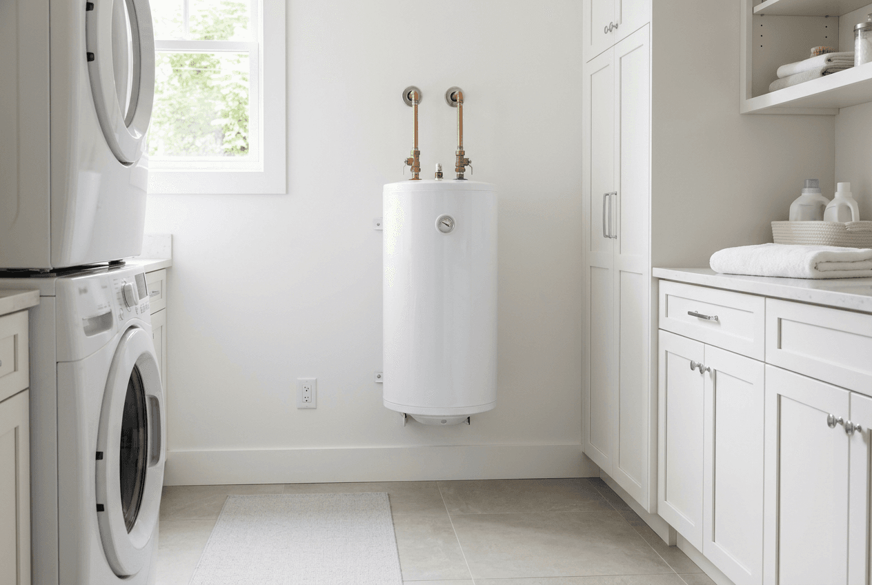 Tank water heater installed in a residential utility room